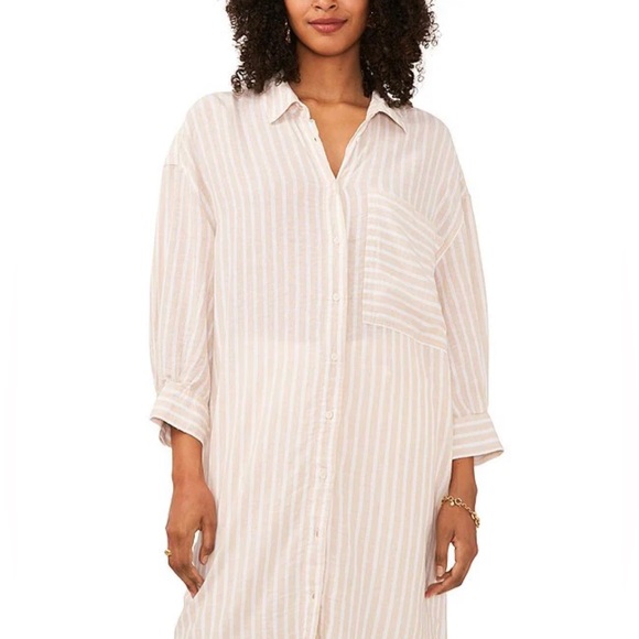 Vince Camuto Striped Print Point Collar Woven Linen Button Front size Medium NWT - Picture 3 of 3